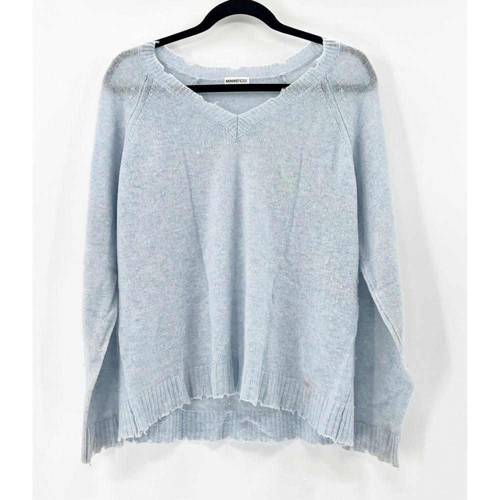 Minnie Rose Sweater Womens Large Light Blue Cashmere Distressed V-Neck Y4650